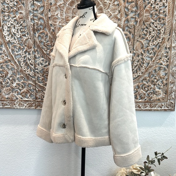 PLM Pascale La Mode Short Faux Wool Shearling, Suede Coat, Button Front, NWT - Picture 5 of 16